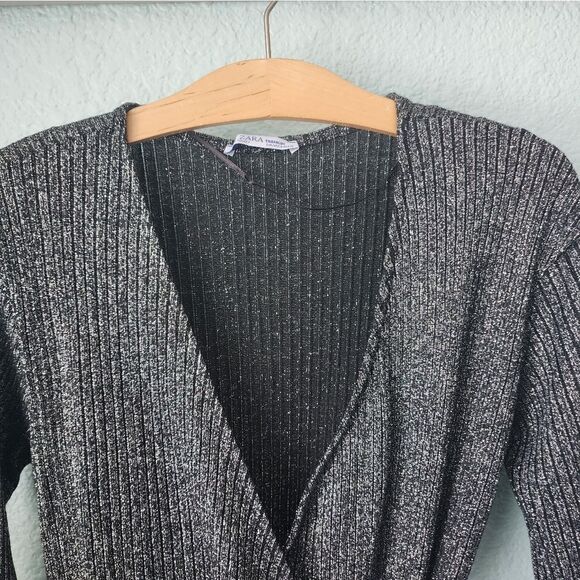 Zara true wrap metallic long sleeve ribbed knit cardigan style blouse - Picture 4 of 16